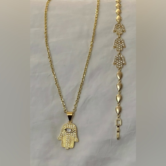 14k Gold Hamsa Third Eye Necklace Bracelet Jewelry Set Hand of Fatima Gift Sets - Picture 2 of 9